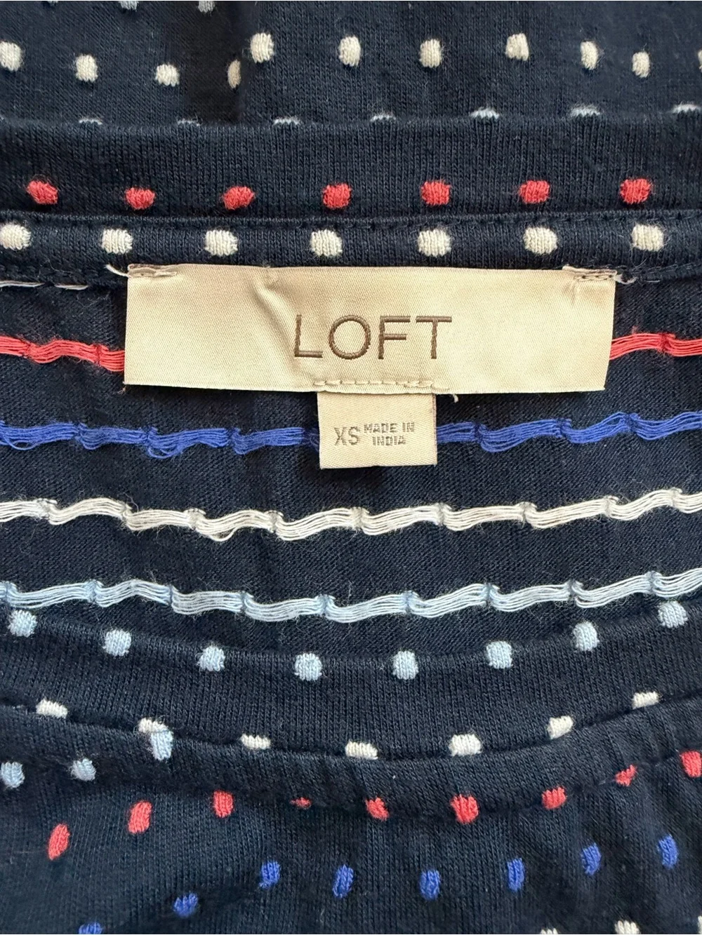 Loft Texture Navy Polka Dot Tie-Waist Dress 100% Cotton XS - Picture 6 of 7